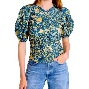 Nwot Ulla Johnson NAYA puff sleeve ruched back zip blouse   Lanai teal size 2